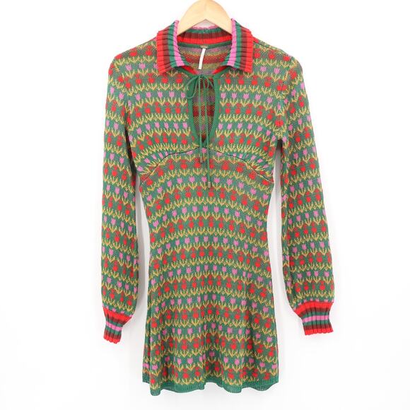 Free People Dresses & Skirts - Free People Women's Milano Sweater Mini Dress Green Multi Tulip Sz Small